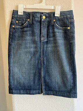 7 For All Mankind Dark Indigo Denim Skirt with Gold Button